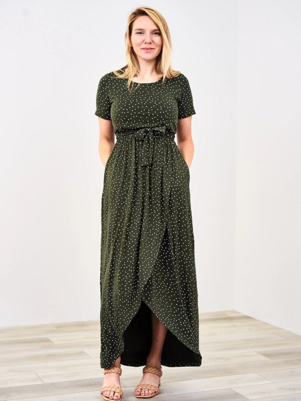 Latched Mama Petal Maxi Dress in Olive Dots - size L